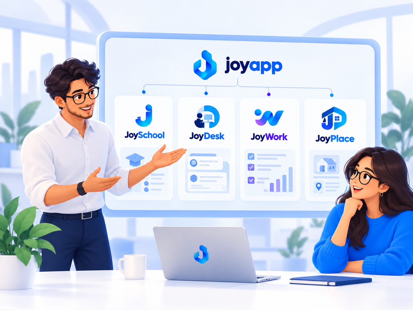 Illustration 2D de l’écosystème JoyApp et de ses quatre produits