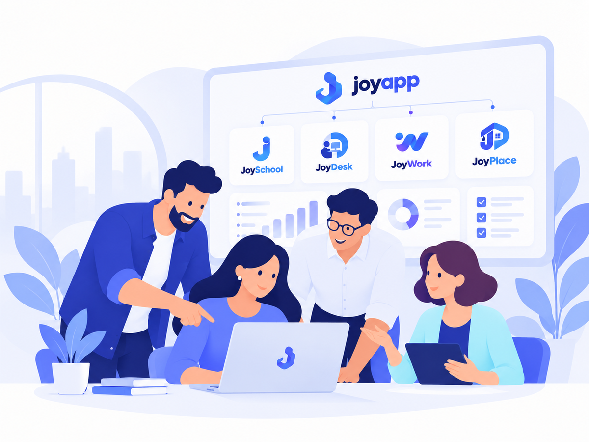 Illustration 2D d'une équipe autour de JoyApp